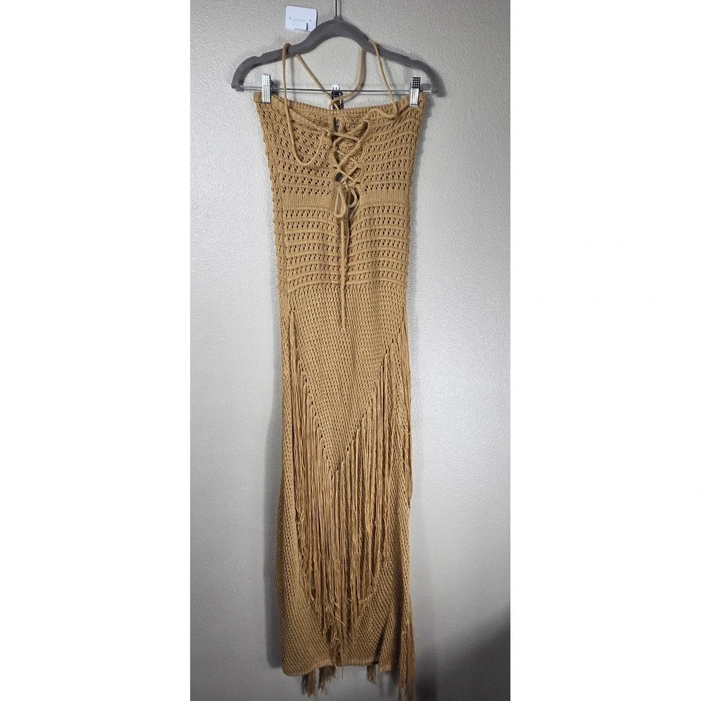 boho crochet fringe maxi dress M tan cutout lace up back resort